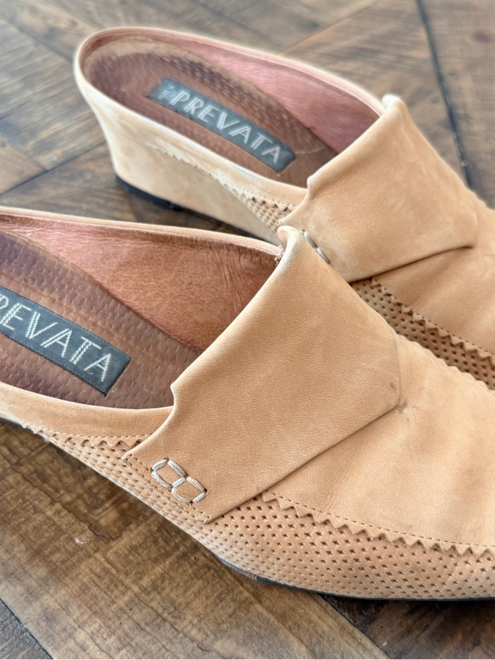 Prevata Tan Suede Slip-On Wedge Mules with Perforated Detail